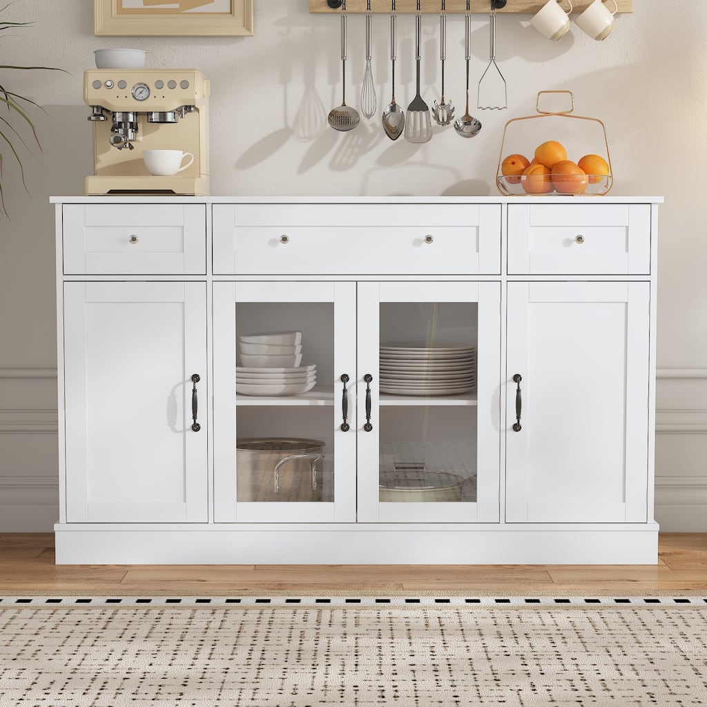 White Buffet Cabinet with 3 Drawers and 4 Doors, Glass Center Doors Sideboard
