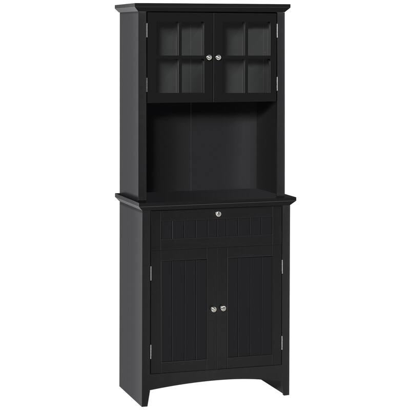 Kitchen Pantry Storage Cabinet with Framed Glass Door Drawer and Microwave Space
