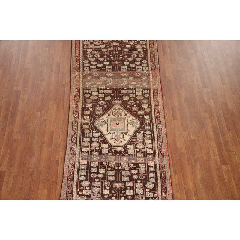 Hand Knotted Oriental 100% Wool Carpet Traditional Geometric Brown Malayer Runner Rug - 10' 0'' X 3' 9''