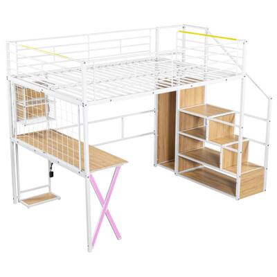 Space-Saving Full/Twin Loft Bed with Desk, Wardrobe, Storage Staircase, and LED Lighting for Small Rooms