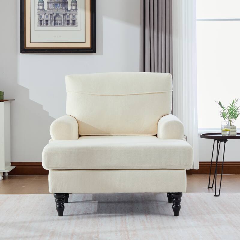 Modern Chaise Lounge Single Sofa Chair, Chenille Fabric Recliner Armchair with Side Pockets and Wooden Legs