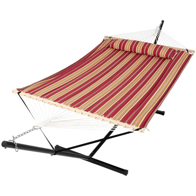 Outdoor Portable Double Hammock with Stand&Pillow Max 475 lbs Capacity - 147.6*55.1*47.6 - Red Stripes