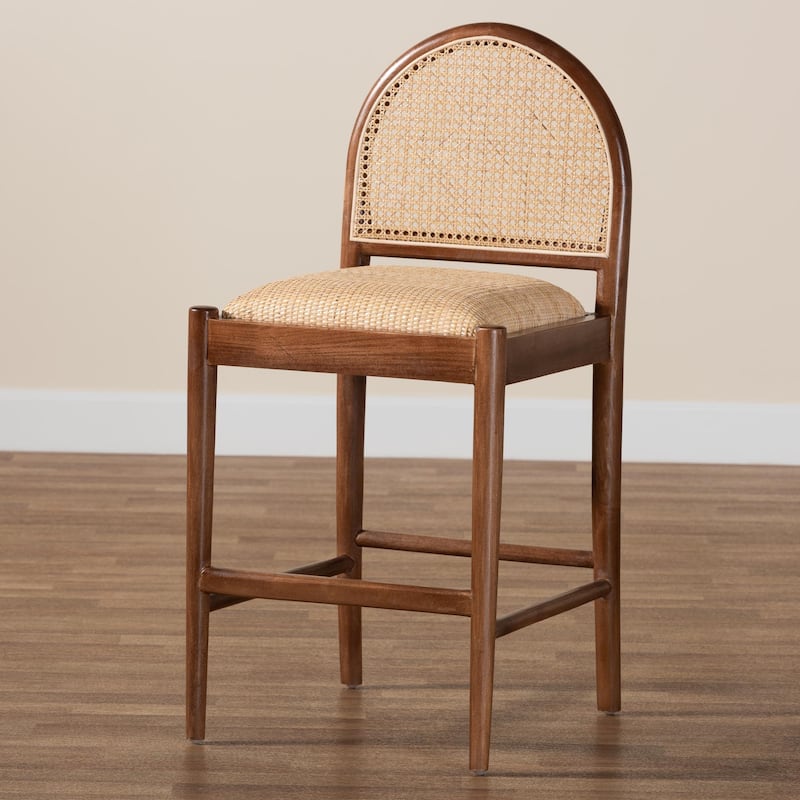 Maryland Modern Bohemian Natural Rattan and Acacia Wood Counter Stool