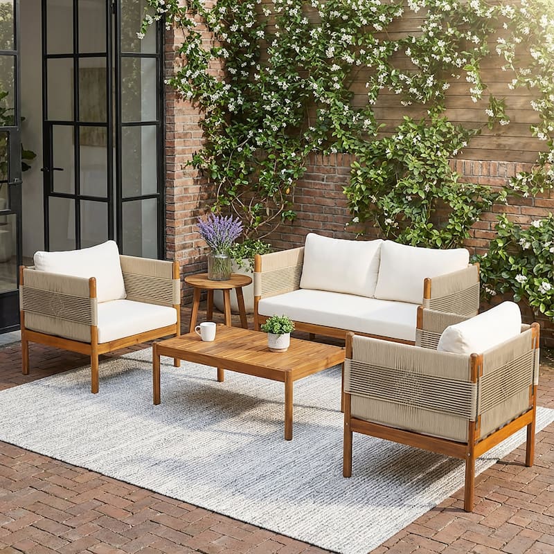 Christopher Knight Home - Outdoor 4-Piece Sofa Set with Acacia Wood Loveseat, Club Chairs & Coffee Table, Handwoven Rope Accents - Teak Finish+Beige Rope+Cream Cushion