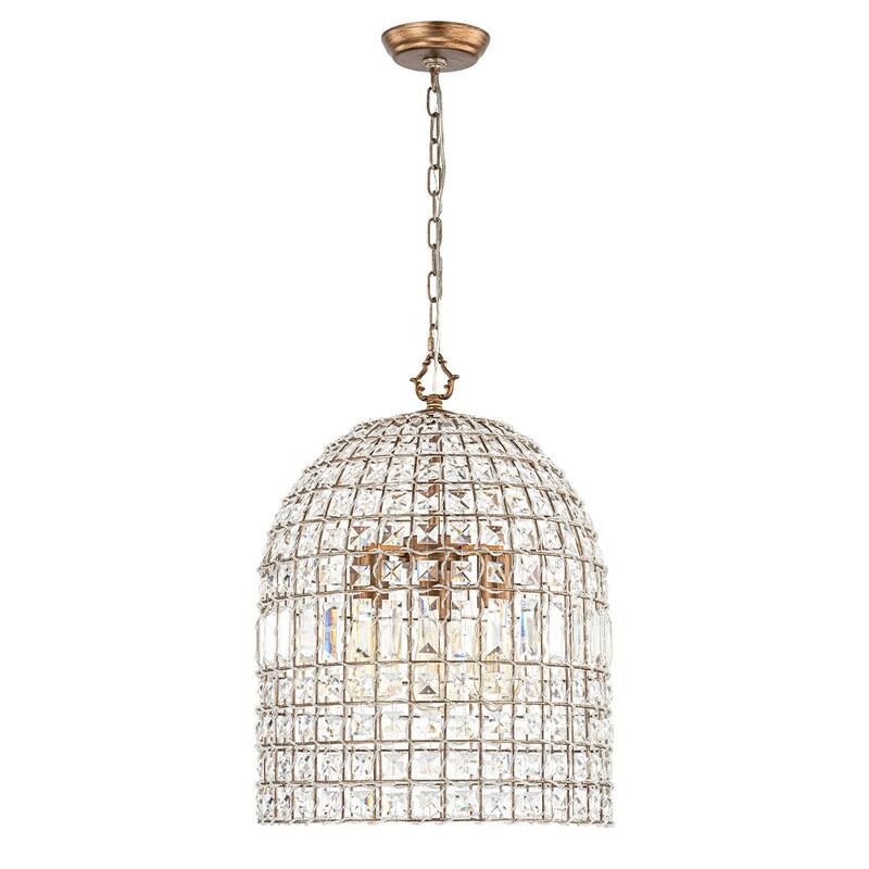 Vintage Glam Crystal Bird Cage Lantern Chandelier - Distressed Brass