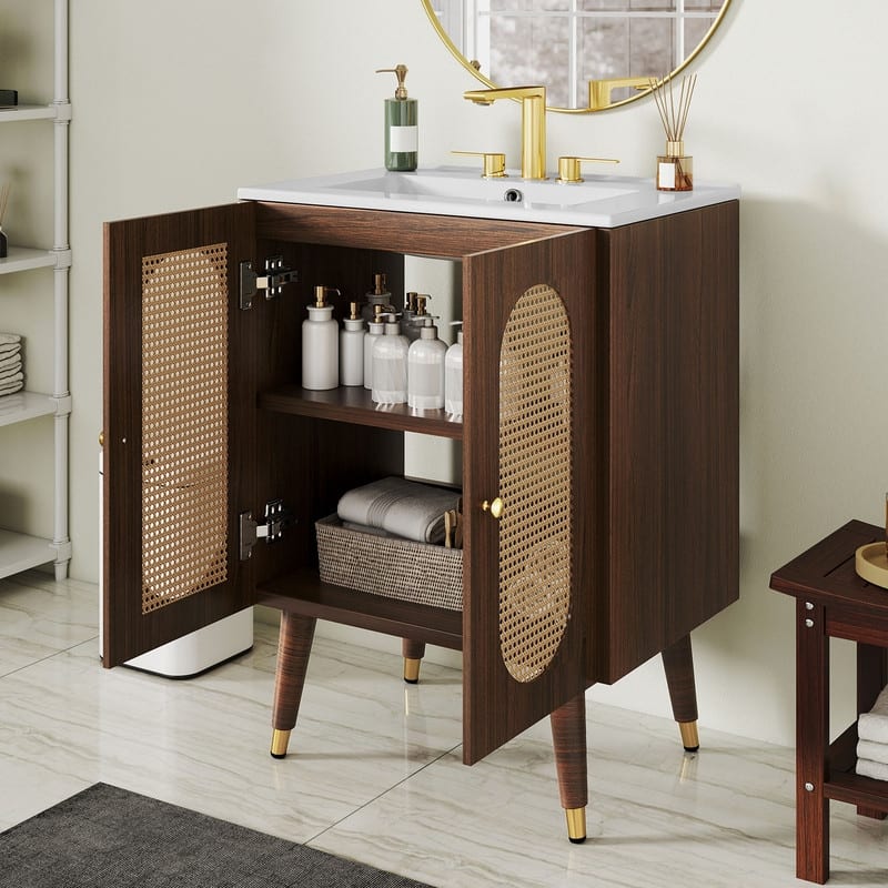Moasis 24" Bathroom Vanity with Ceramic Sink, Rattan Double Door Cabinet and Drawer, Freestanding Solid Wood Legs