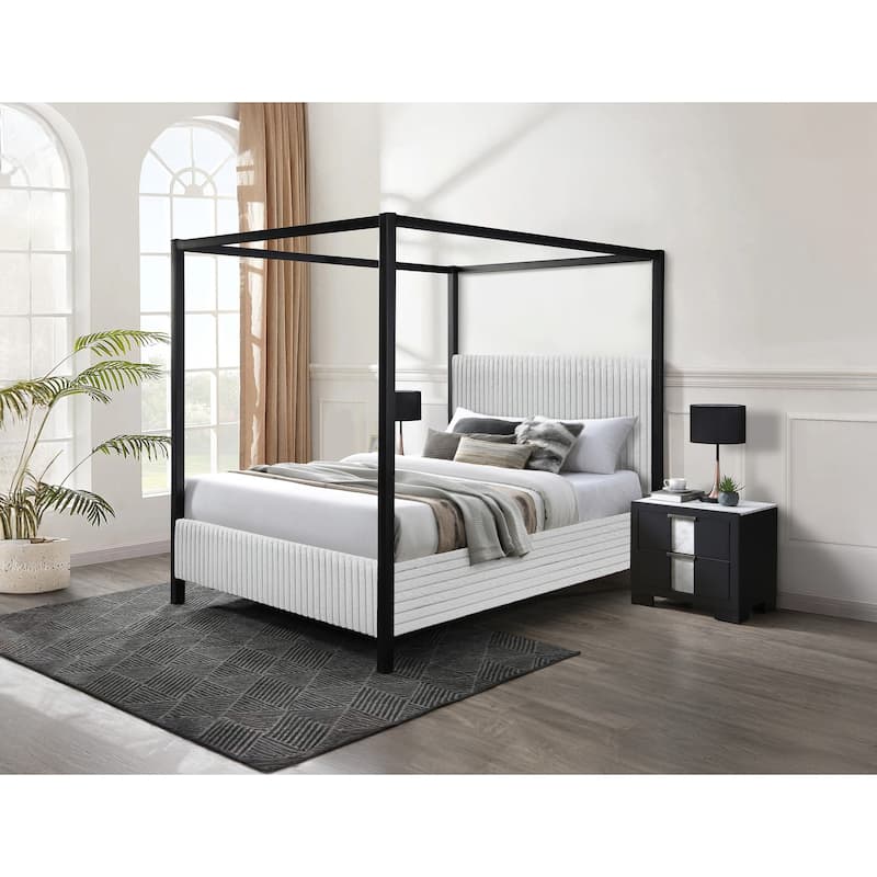 Modern Canopy Queen Bed with Upholstered Headboard, Light Gray