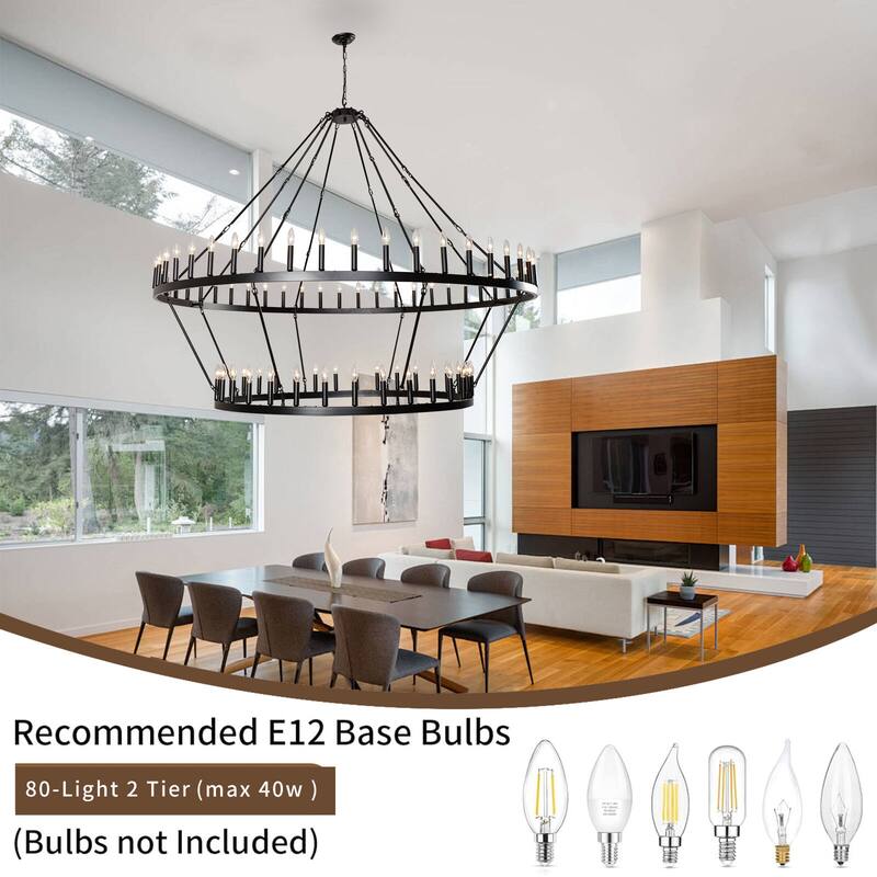 Black Large Wagon Wheel Chandelier 2 Tier 80-Light Farmhouse Chandelier - 53.1+78.7 inch
