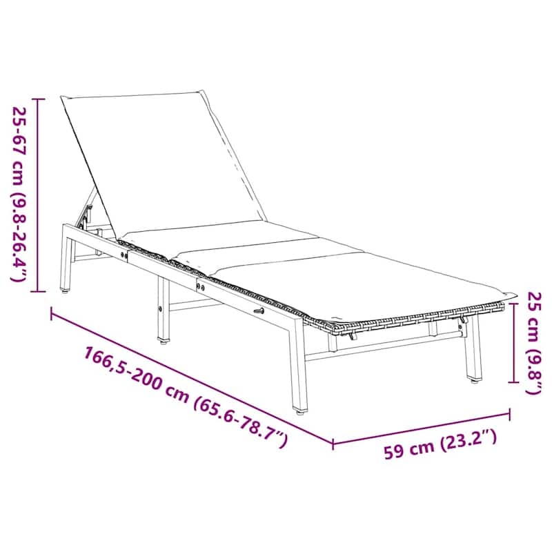 vidaXL Sun Lounger Grey PE Rattan, Powder-Coated Steel Adjustable - 23.2 x 78.7 x 26.4