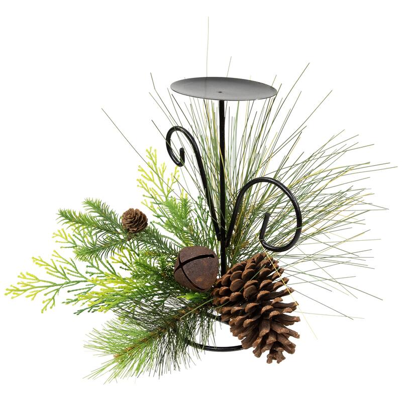 Pine Cones and Jingle Bell Christmas Pillar Candle Holder - 10"