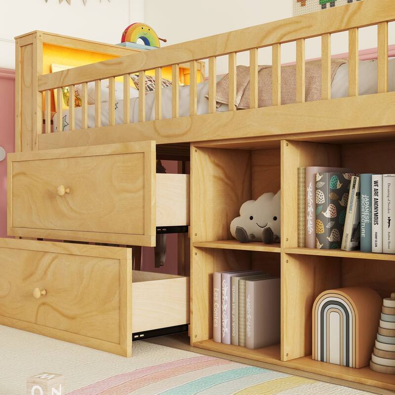 Low Loft Bed with Headboard Built-in LED, Bottom Hanger, Twin Loft Storage Bed with Storage Stairs Underbed Bookcase and Drawers