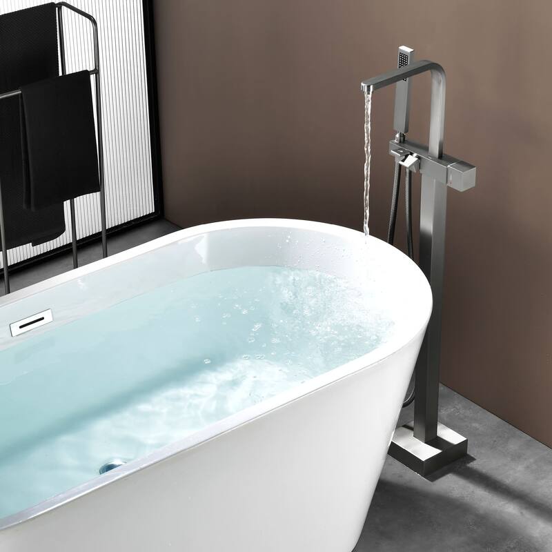 Single Handle Floor Mount Tub Faucet Brushed Nickel Modern Waterfall Freestanding Bathtub Filler with Hand Sprayer