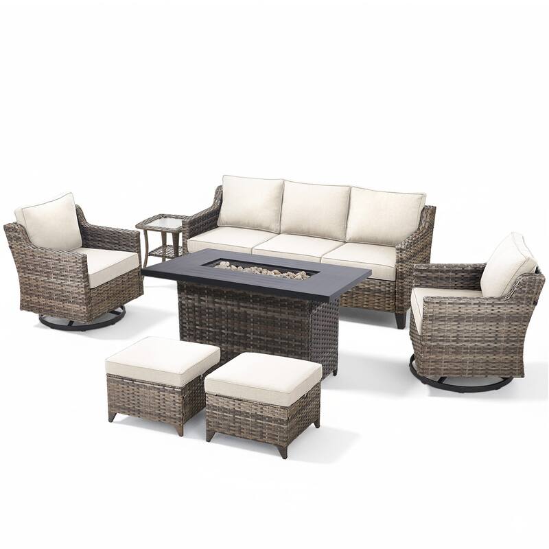 Glissia 7-Piece Gray Wicker Fire Pit Conversation Set with height-adjustable fire pit