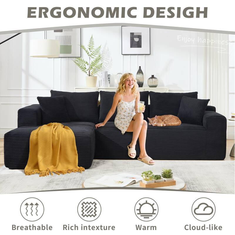 Modular Sectional Cloud Sofa with L-Shape Chaise, Oversized Corduroy Upholstered Boneless Sofa, Corner Sofa with Deep Seat - Black