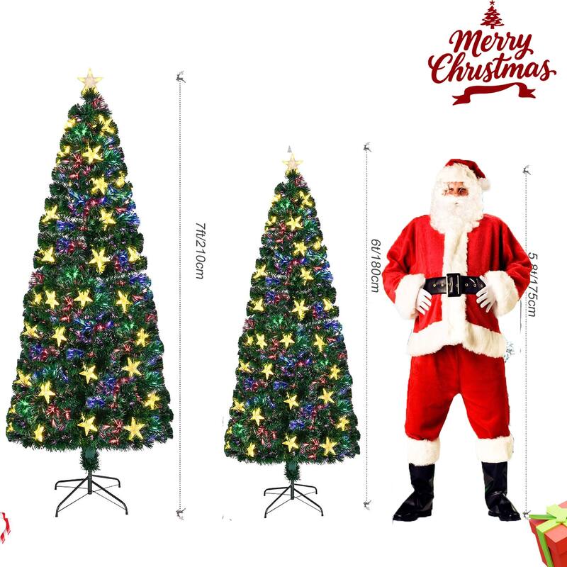 7FT Pre-lit Fiber Optic Christmas Tree with Large Stars, Artificial Xmas Tree Spruce Tree Green Tree with Metal Stand