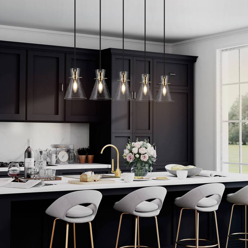 Liniya Modern Farmhouse Linear Adjustable Wire Chandelier with Cone Seeded Glass Cluster Kitchen Island Pendant Lights