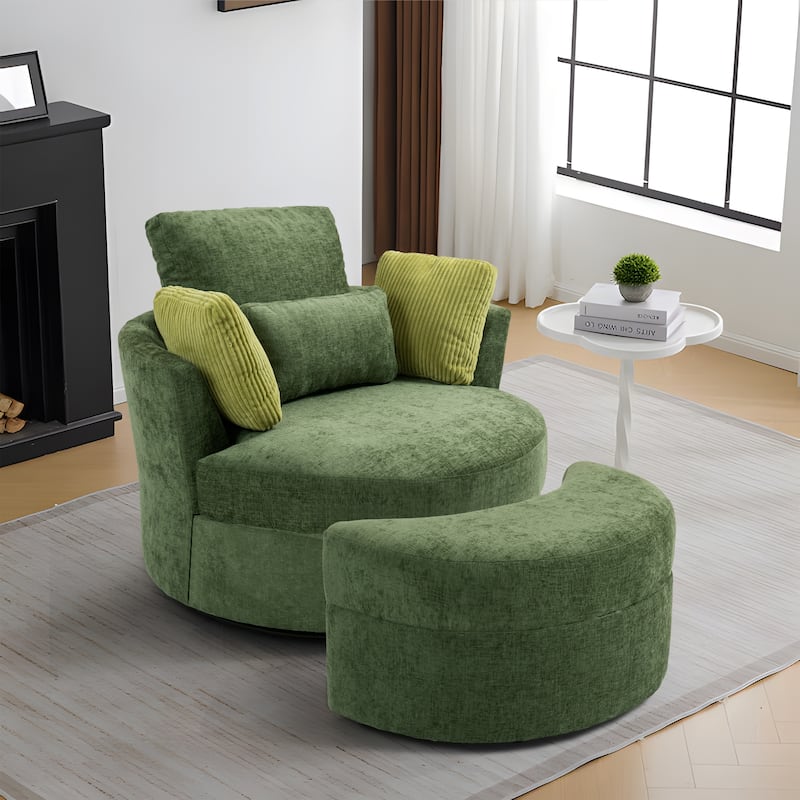 Upholstered Swivel Accent Chair with Wooden Tray Storage Ottoman - Chair & Ottoman Sets - GREEN/Corduroy Armrest Pillow