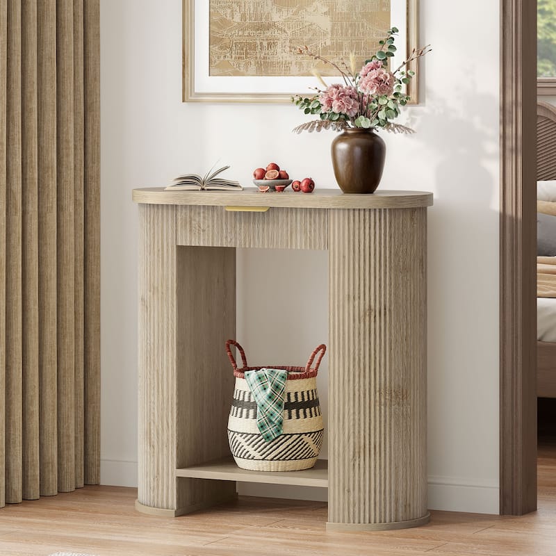 Moasis 2-Tier Fluted Console Table Narrow Sofa Table with Drawer and Storage Shelf for Entryway - Oak - 31"