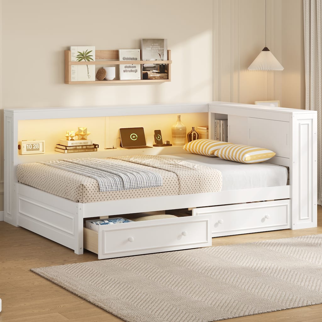Wood Daybed with Storage Shelves,USB,LED, and 2 Drawers