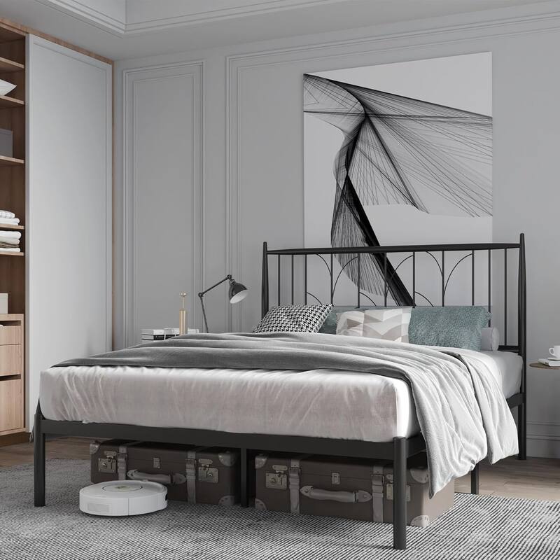 Full Metal Platform Bed Frame with Headboard & Underbed Storage, Modern Design, Easy Assembly