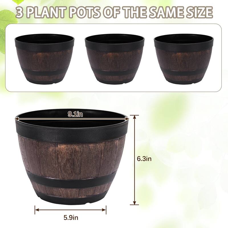 Javlergo 3 Pack 9" Barrel Planters Set with Drainage Holes PP Plastic Plant Pot Set for Indoor Use Outdoor Garden