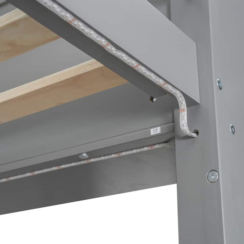 Full/Twin Size Wood Gaming Loft Bed with Desk, LED Lights, Hanging Clothes Rack & Storage Shelves