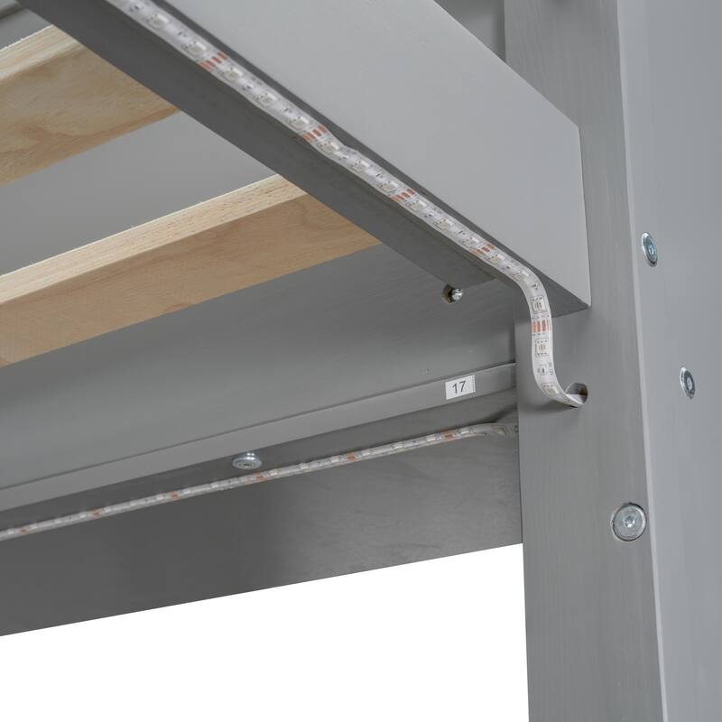 Multi-Functional Gaming Loft Bed with Built-in Desk & Storage Cabinets, Wood Bed Frame with LED and a Hanging Clothes Rack