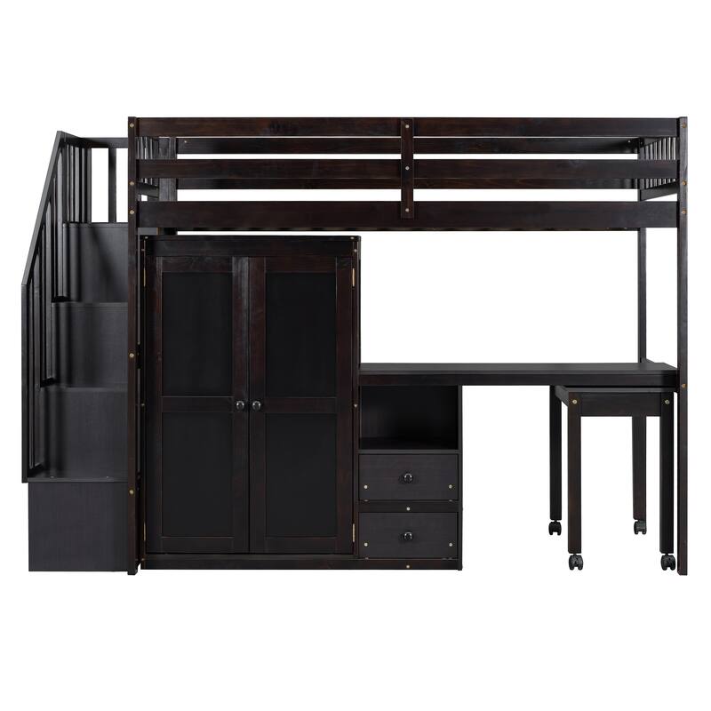 Space-Saving Twin Loft Bed with Stairs, Bookshelf, Drawers, Desk & Wardrobe for Kids & Teens