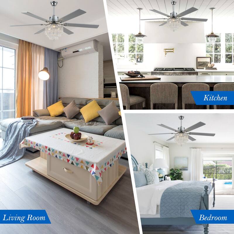 CurveCurio 65" Lagre Ceiling Fan w Crystal Light Shade and Wood Blades, Quiet DC Motor w Remote For Large Room - 65" * 65" * 26"