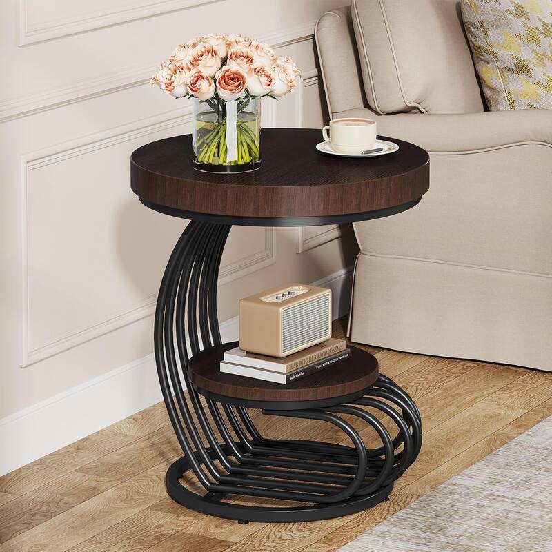 2 Tiers Round End Table with Shelf Storage, Arc-Shaped Side Sofa Table