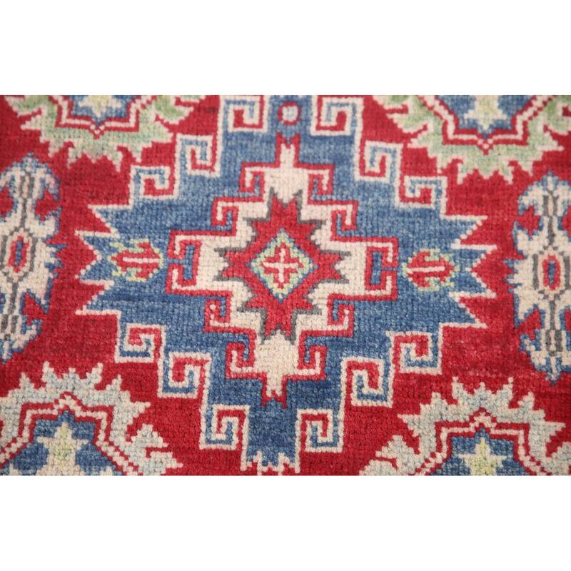 Hand Knotted Oriental 100% Wool Carpet Traditional Geometric Red Kazak Runner Rug - 7' 7'' X 2' 9''
