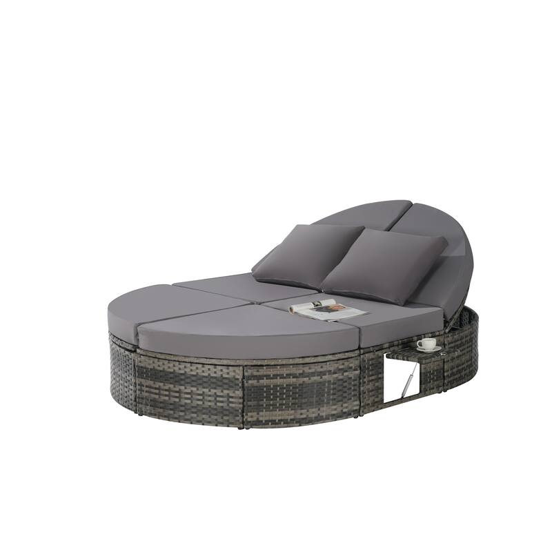 Outdoor Patio Rattan Round Daybed Sunbed with Adjustable Backrests and Foldable Cup Trays
