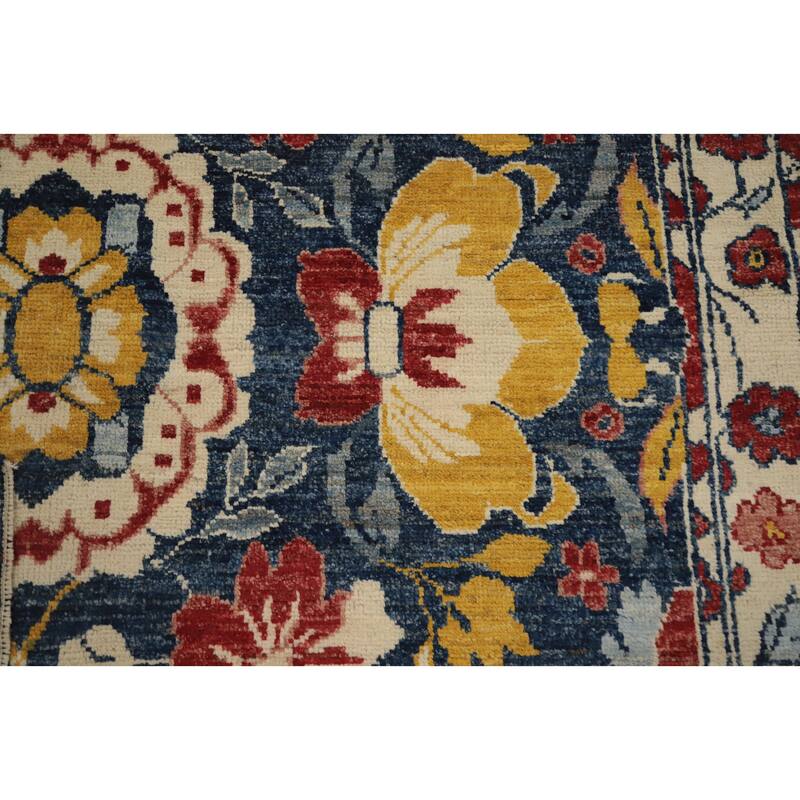 Hand Knotted Oriental 100% Wool Carpet Transitional Floral Navy Blue & Blues Oushak Area Rug - 6' 6'' X 5' 3''