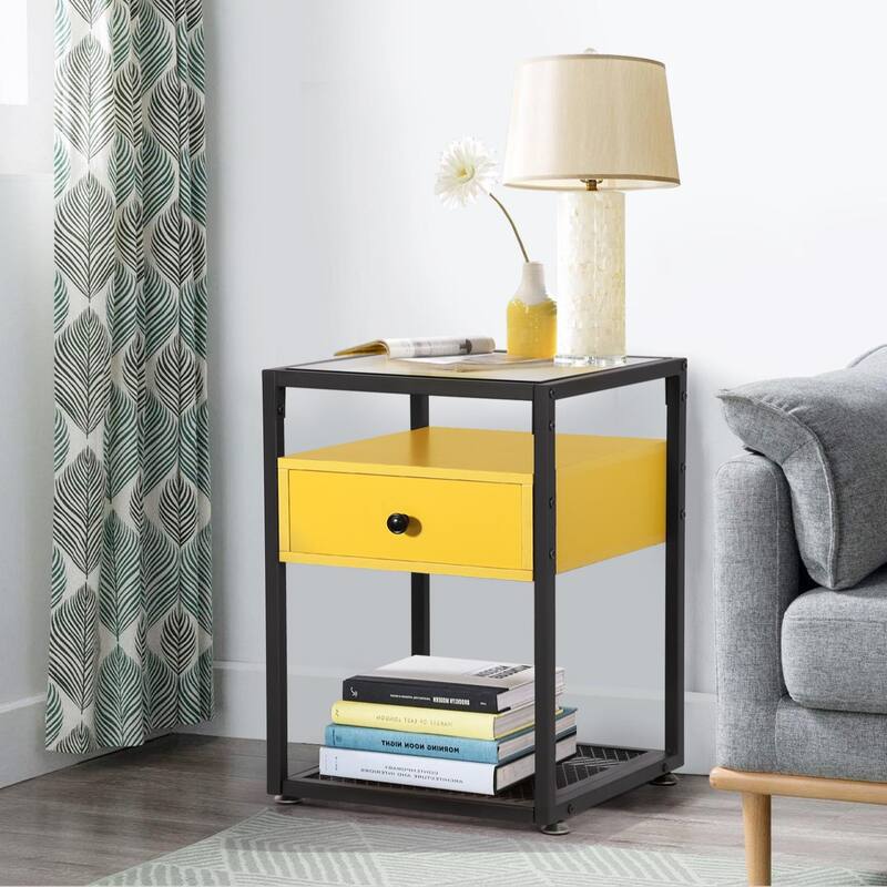 VECELO Modern 1-Drawer Nightstands with Tempered Glass Top