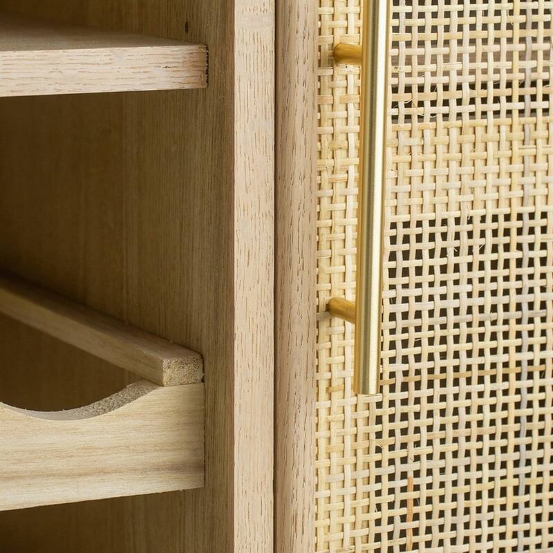 Wood Wine Cabinet, 2 Shelves, 11 Racks, Rattan Door - 31 H x 14 W x 29.5 L Inches