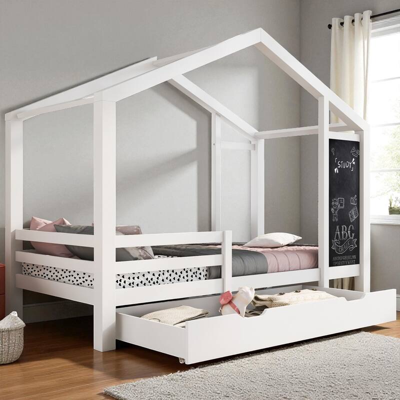 Twin/Full House Bed with Blackboard and Storage Drawers, Kids Wood Bed with Two Assembly Options and Safety Rails