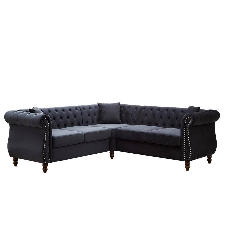 83.5 Inch Velvet Upholstered L-Shaped Sofa Sectional Couch with 3 Pillows