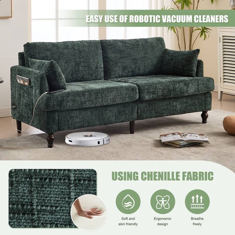 Modern Chenille 2-Seater Wood-Legged Sofa with LED light, USB Charging Port and Storage Bag
