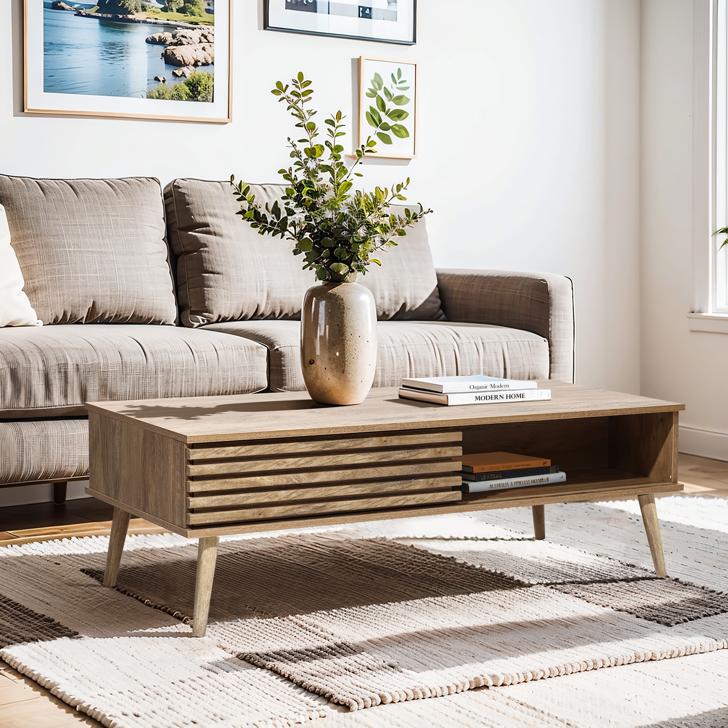 Mid-Century Modern Rectangular Coffee Table with Storage and Solid Wood Legs - 16.3" H x 46.9" W x 23.2" D
