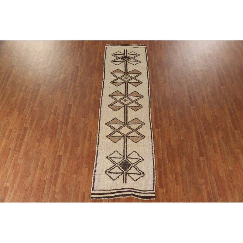 Geometric Anatolian Natural Dye Runner Rug Hand-knotted Wool Carpet - 3'0"x 11'0"