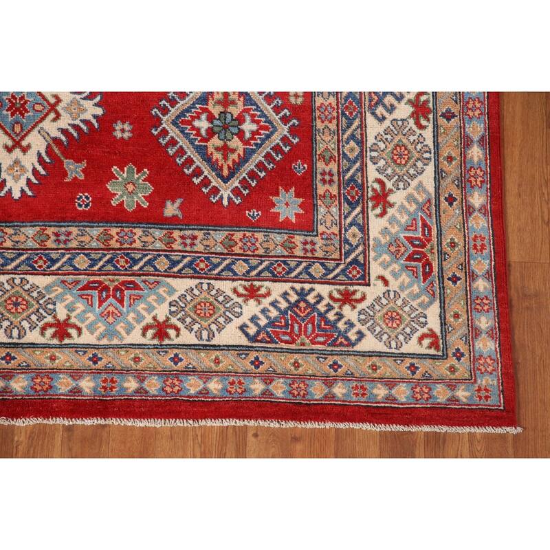 Geometric Red Kazak Area Rug Hand-Knotted Wool Carpet - 6'5" x 9'10"