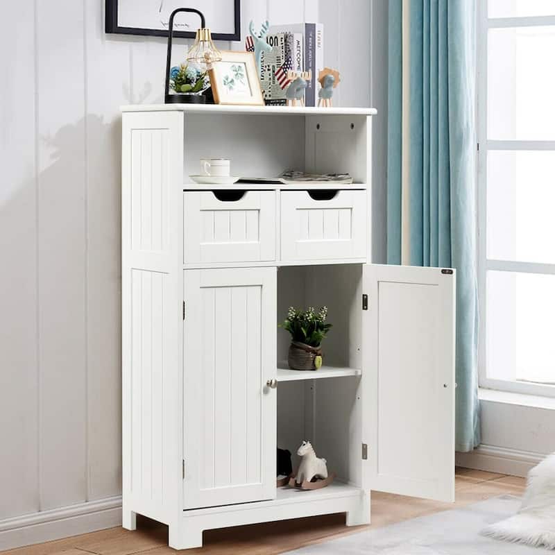 Gymax Bathroom Floor Cabinet Wooden Storage Organizer Side Cabinet W/2 - See Details