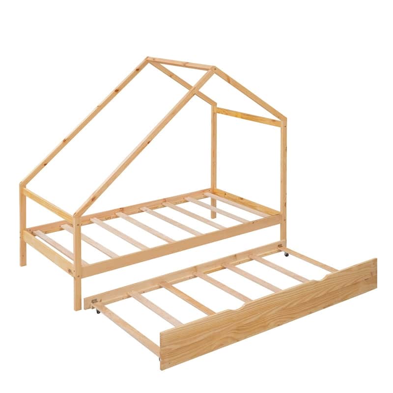 Merax Wooden House Bed With Twin Size Trundle