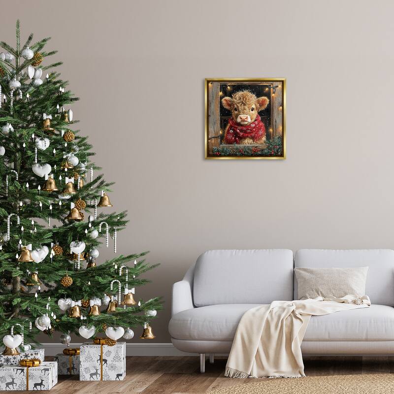 Stupell Calf with Holly & Lights Garland Framed Floater Canvas Wall Art Design By Riley B