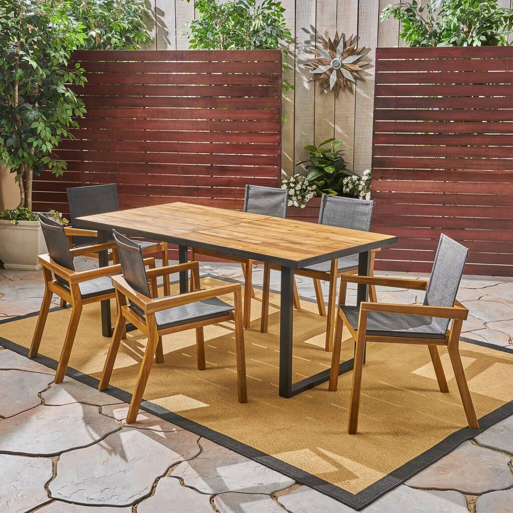 Castano Outdoor Acacia Wood 7 Piece Dining Set with Mesh Seats by Christopher Knight Home