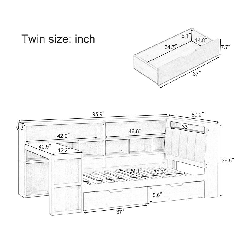 Wood Daybed L-shaped Bookcase Bed with Under-Bed Drawers and Side Bookshelf, Platform Daybed with Desk and Padded Headboard