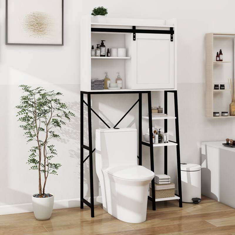 Over The Toilet Storage Cabinet,Bathroom Shelves Over Toilet with Sliding Barn Door,Adjustable Shelves - White Black - Painted