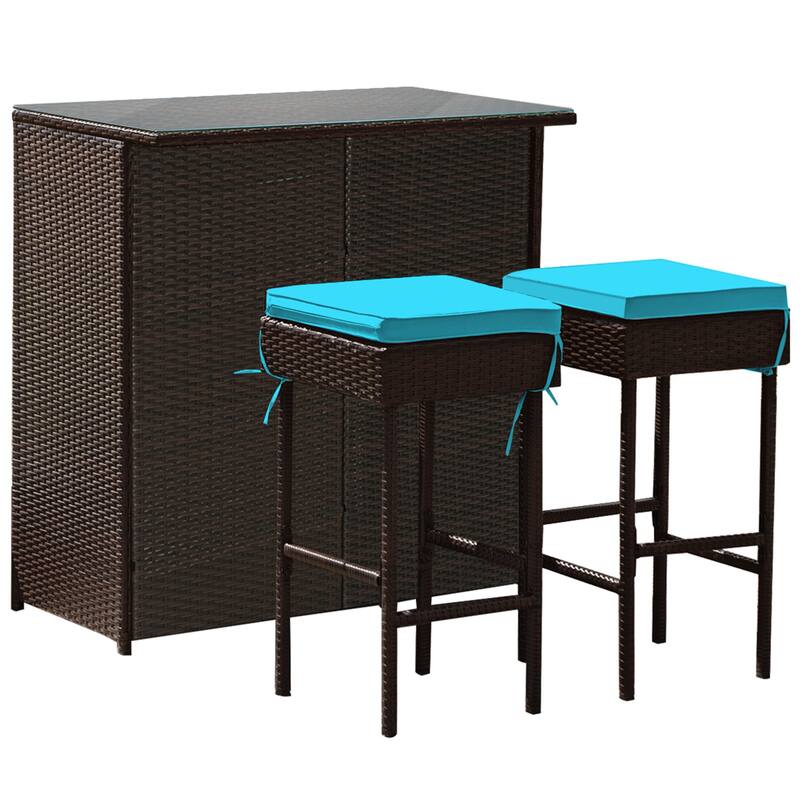 Gymax 3PCS Rattan Patio Bar Table & Stool Set Dining Set w/ Turquoise