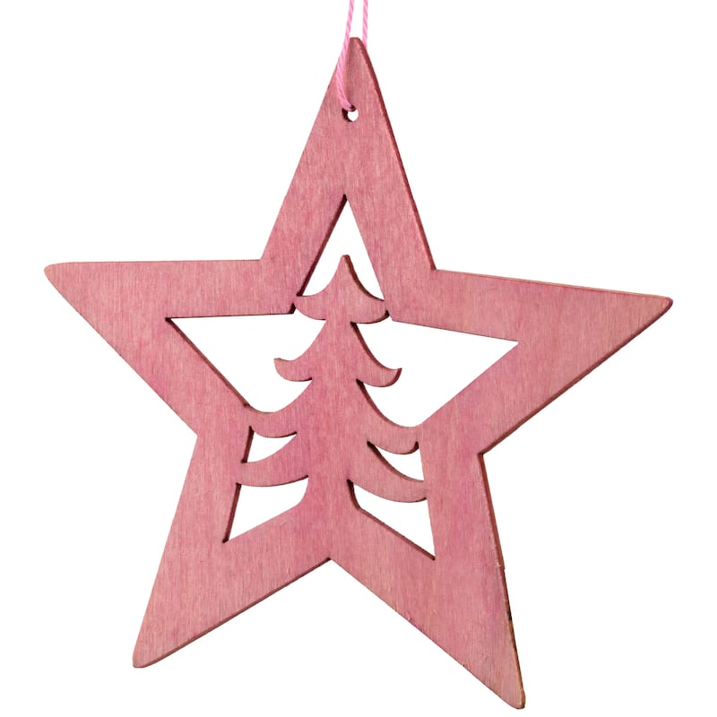 Cut Out Pine Tree in Wooden Star Christmas Ornament - 4" - Pink