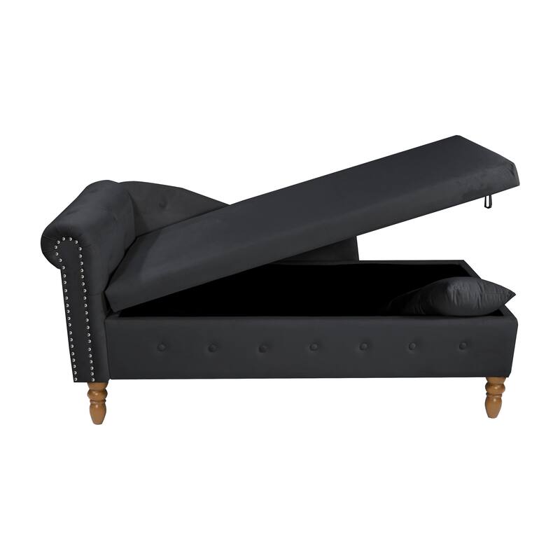 Chaise Lounge Indoor,Lounge Chair with Storage & Pillow,Upholstered Rolled Arm Chase Lounge for Sleeping with Nailhead Trim